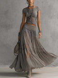 Elize | Lace-Paneled Top and Pleated Maxi Skirt Set