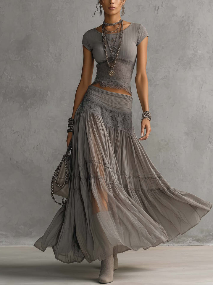 Elize | Lace-Paneled Top and Pleated Maxi Skirt Set