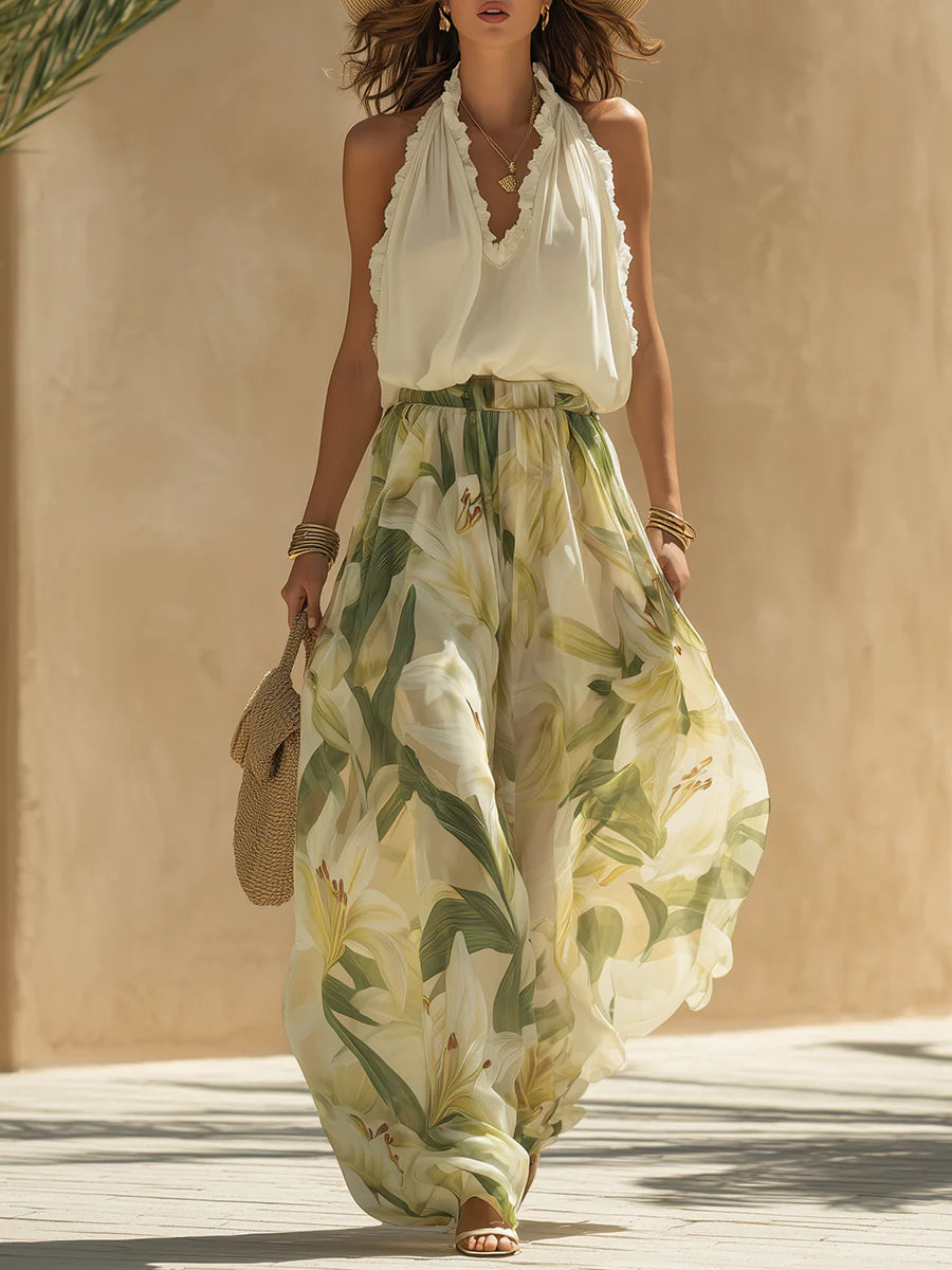 Liyla | Chiffon Ruffled Top and Lily Print Pants Set
