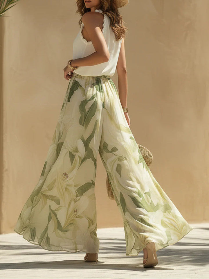 Liyla | Chiffon Ruffled Top and Lily Print Pants Set