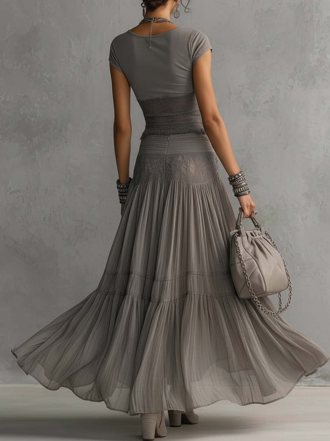 Elize | Lace-Paneled Top and Pleated Maxi Skirt Set