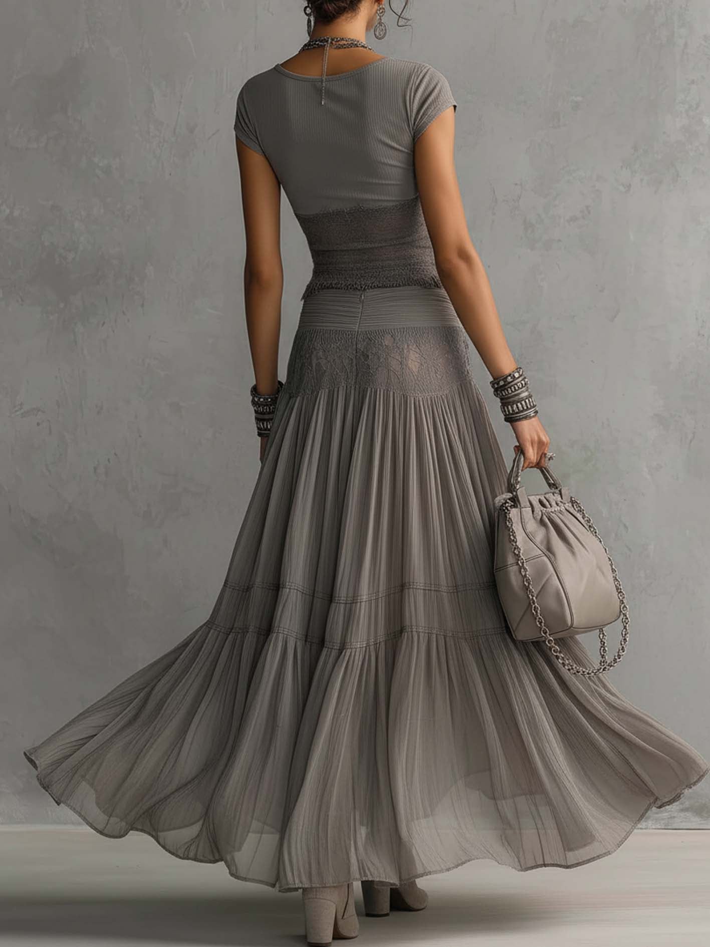 Elize | Lace-Paneled Top and Pleated Maxi Skirt Set
