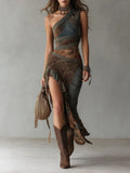 Karen | Ethnic One-Shoulder Slit Maxi Dress