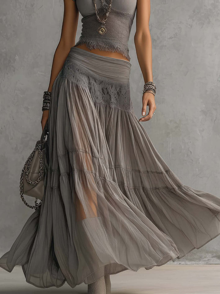 Gracia | Grey Lace-Paneled Top and Pleated Maxi Skirt Set