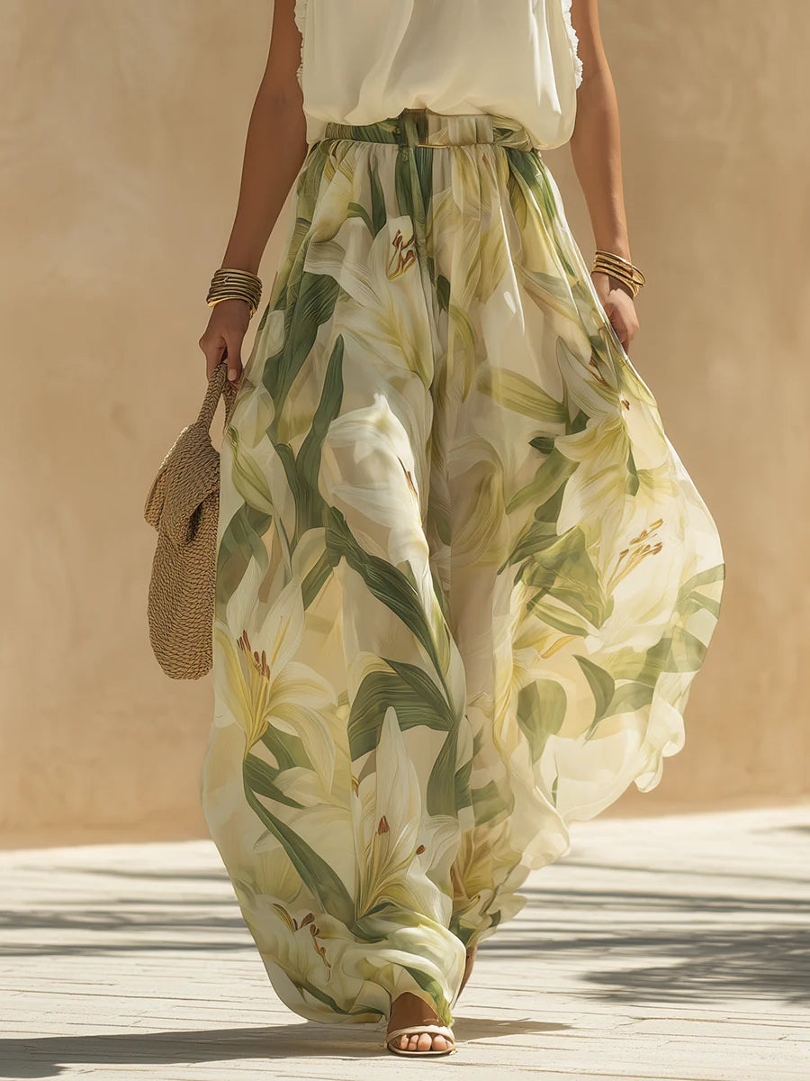 Liyla | Chiffon Ruffled Top and Lily Print Pants Set