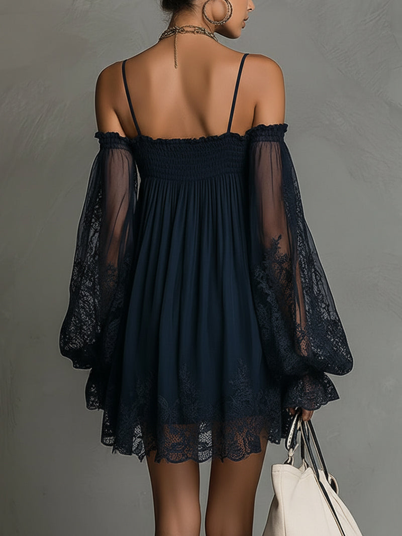 Priscilla | Short chiffon dress with off-the-shoulder neckline, lace trim, and sheer sleeves
