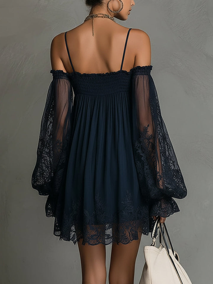 Priscilla | Short chiffon dress with off-the-shoulder neckline, lace trim, and sheer sleeves