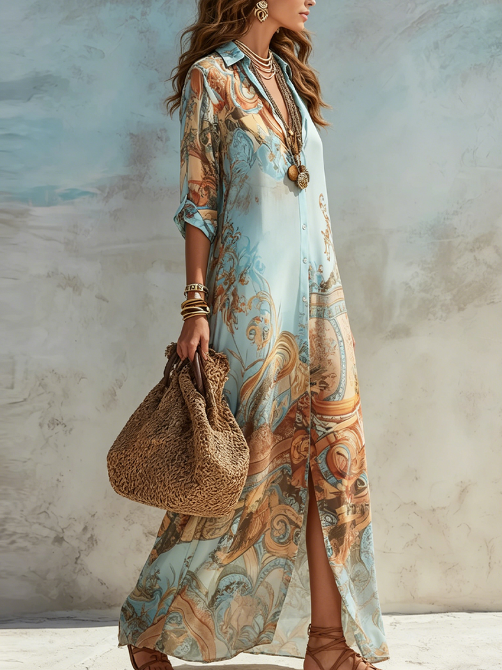Klea | Baroque Style Floral Blue Maxi Dress