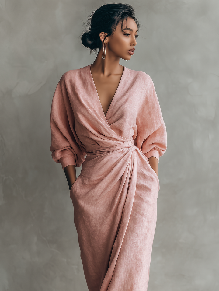 Paula | Pink Linen Maxi Dress V-Neck