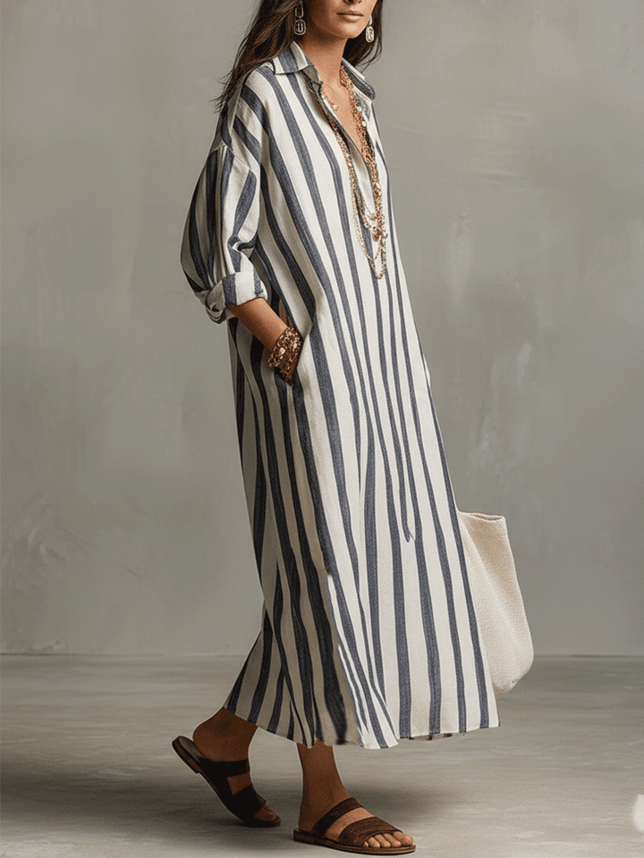 Angelica | Casual Striped Shirt Bohemian Style Maxi Dress