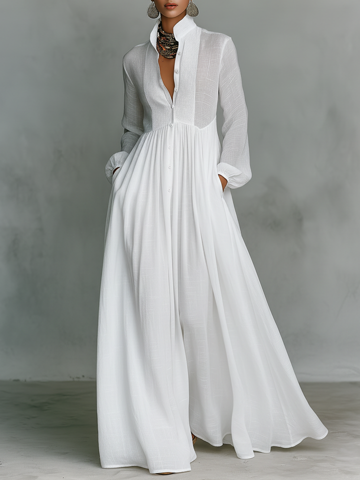 Sienna | Patchwork Linen Maxi Dress Stand Collar