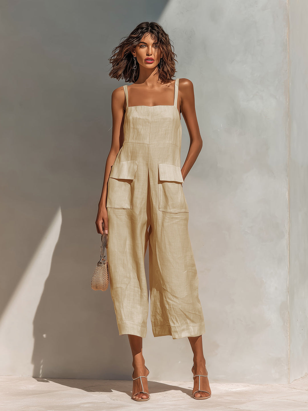 Elara | Chic Elegant Pink Cotton Linen Blend Thin Straps Sleeveless Patch Pockets Loose-Fit Wide-Leg Cropped Jumpsuit
