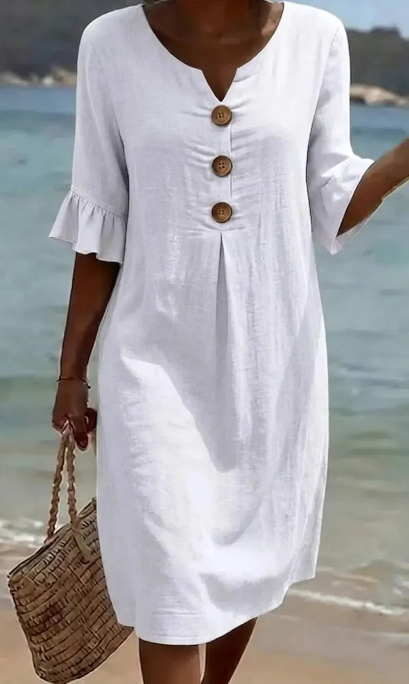 Victoria | Linen-Texture Puff Sleeve Button Dress