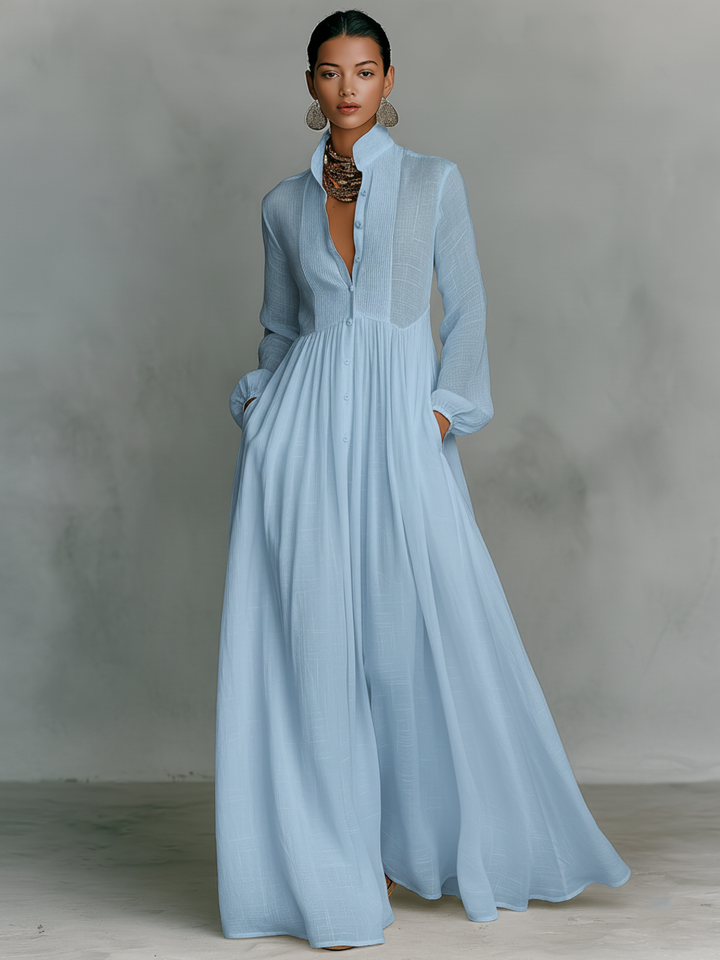 Sienna | Patchwork Linen Maxi Dress Stand Collar