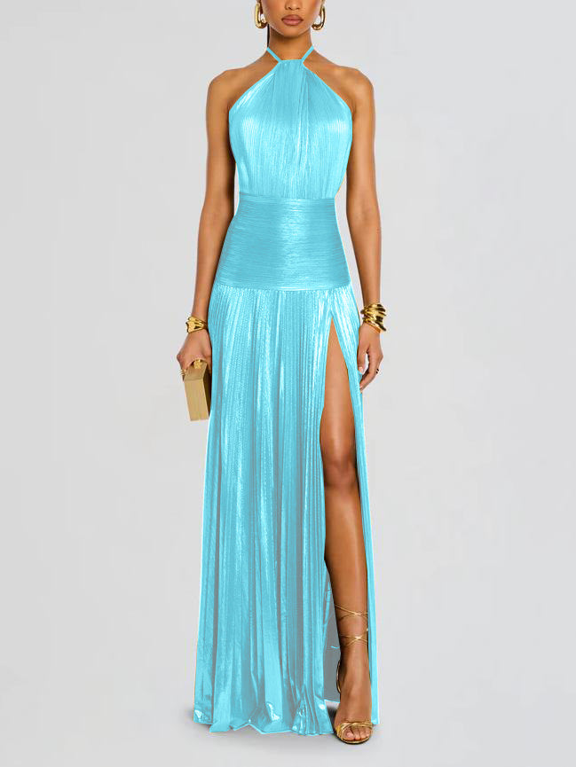 Katie | Trendy Metallic Plissé Halter Gown