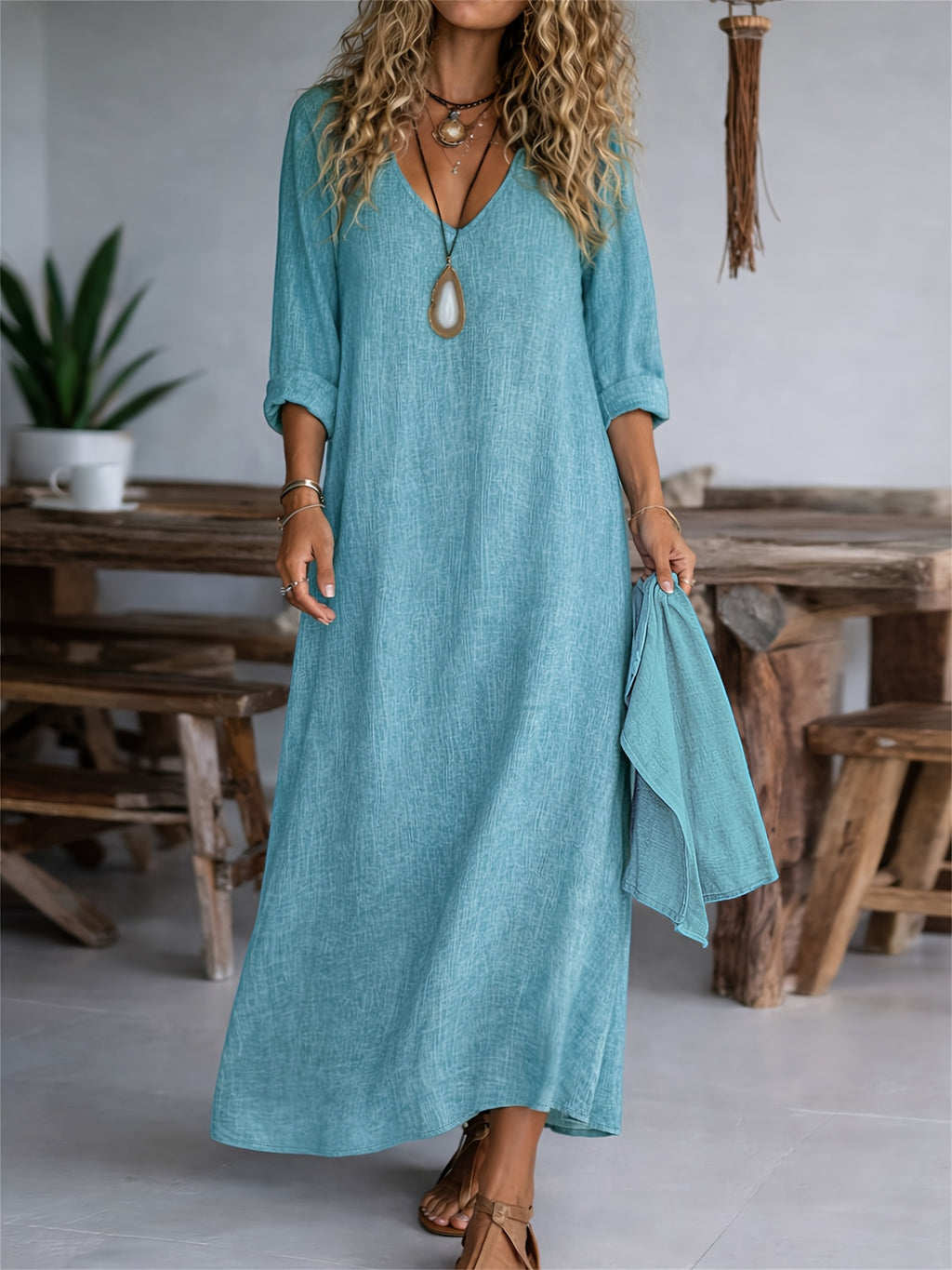Clarisse | Women's V-neck Long Sleeve Solid Color Casual Loose Dress