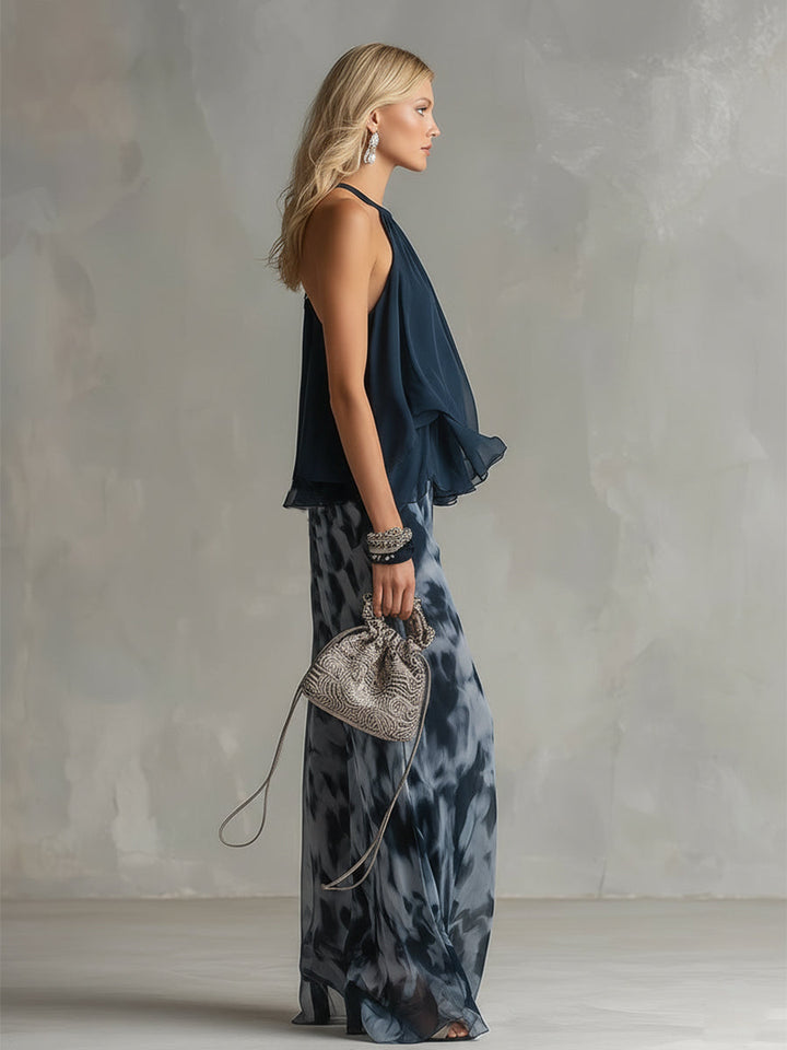 Ludovica | Navy Halter Printed Wide-Leg Set