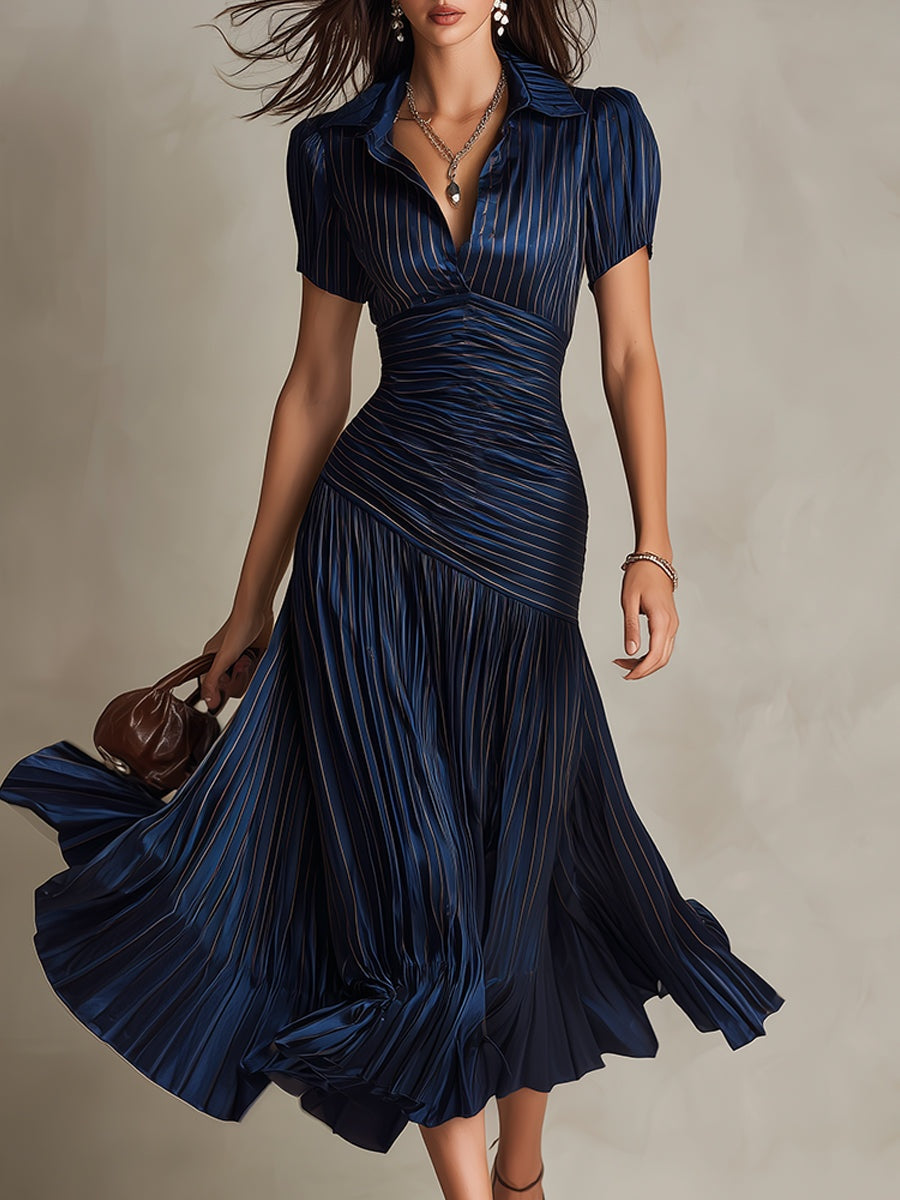 Theodora | Pleated Waist Stripe Midi Dress