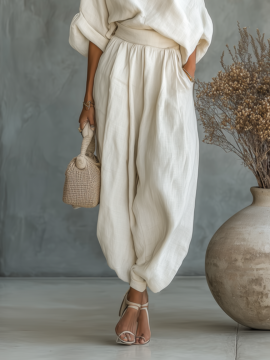 Off-White Linen Set with Off-Shoulder Top and Tapered Pants