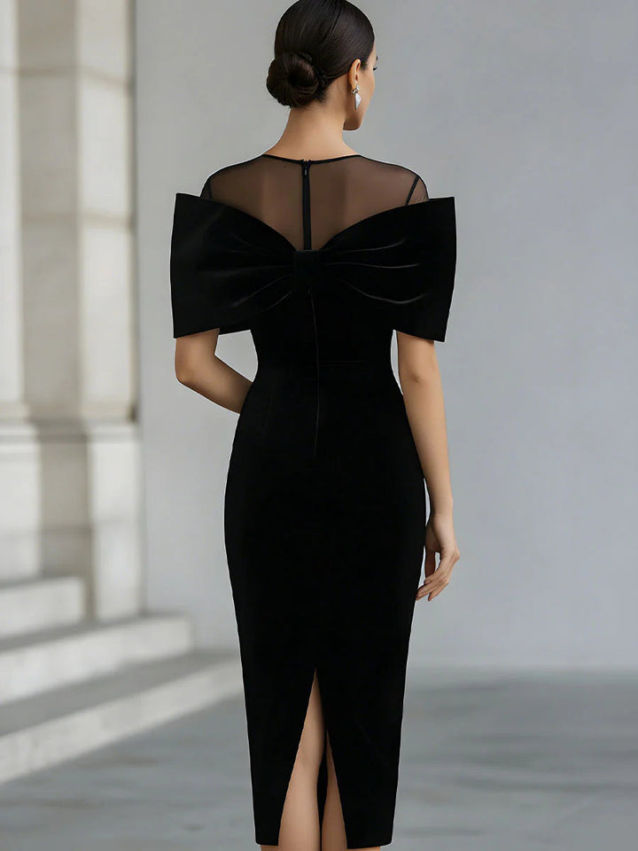 Donna | Dramatic Black Velvet Bow Midi Dress