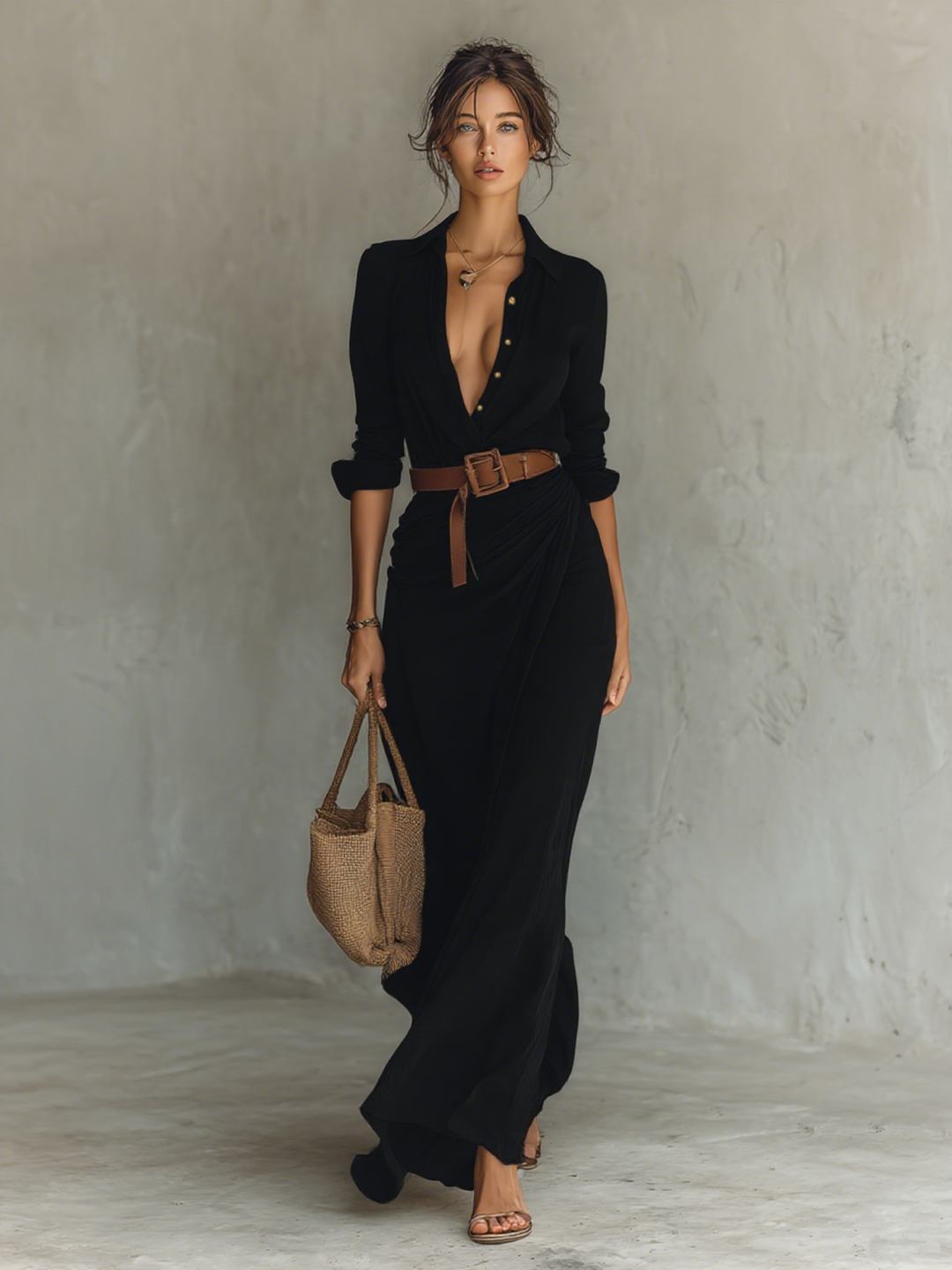 Mari | Maxi Dress with Notched Collar and Long Sleeves