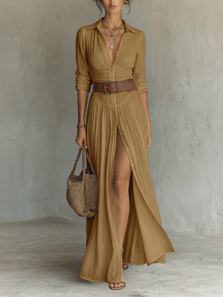 Hannah | Linen Maxi Dress with Notched Collar and Long Sleeves
