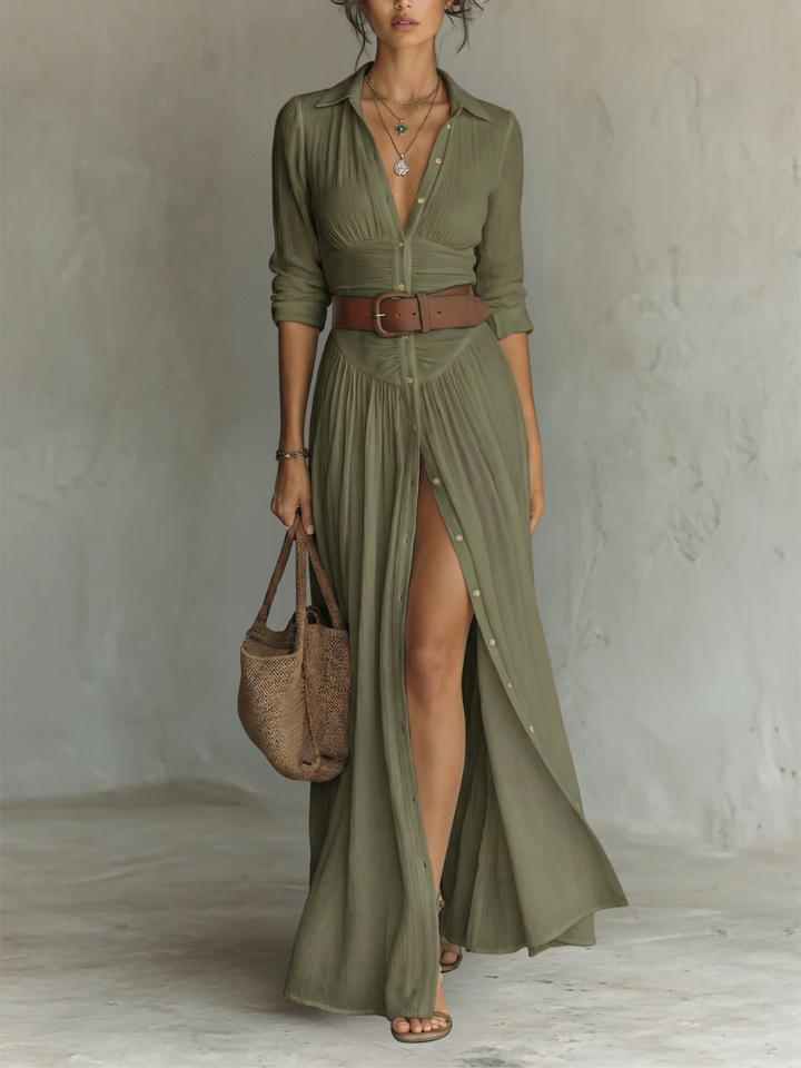 Hannah | Linen Maxi Dress with Notched Collar and Long Sleeves