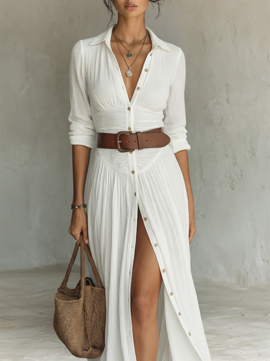 Hannah | Linen Maxi Dress with Notched Collar and Long Sleeves