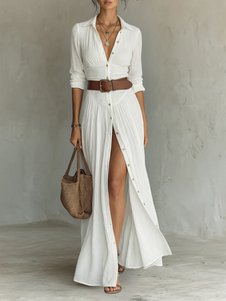 Hannah | Linen Maxi Dress with Notched Collar and Long Sleeves