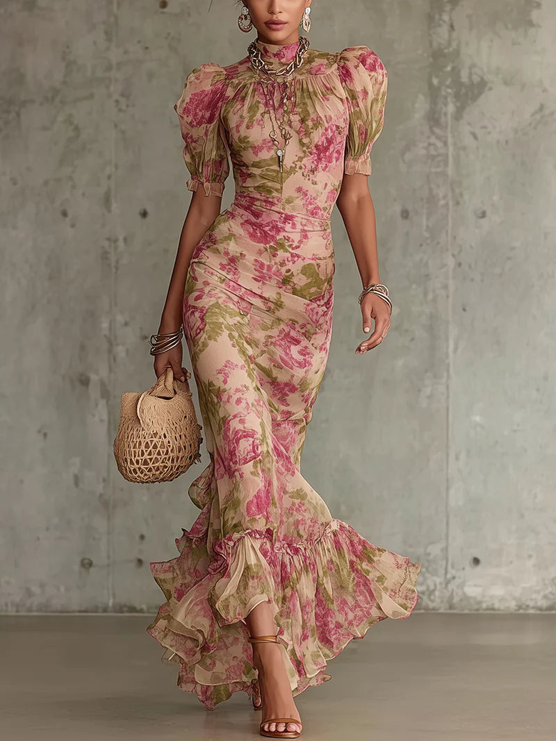 Margaret | Vintage Rose Puff Sleeve Maxi Dress
