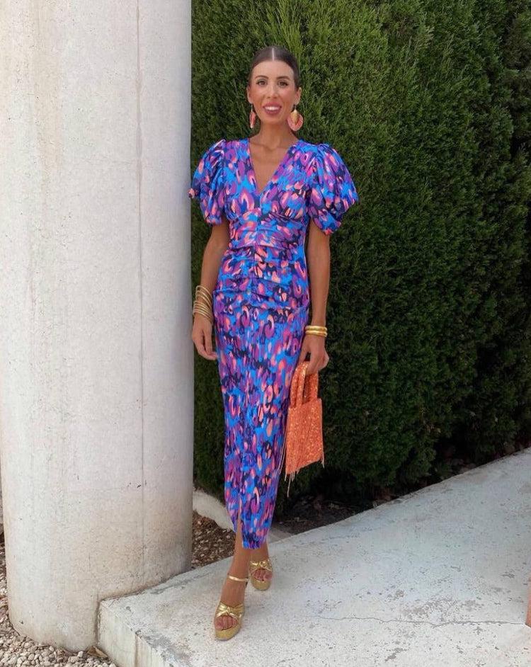 Loren | Vibrant Midi Dress with Puff Sleeves