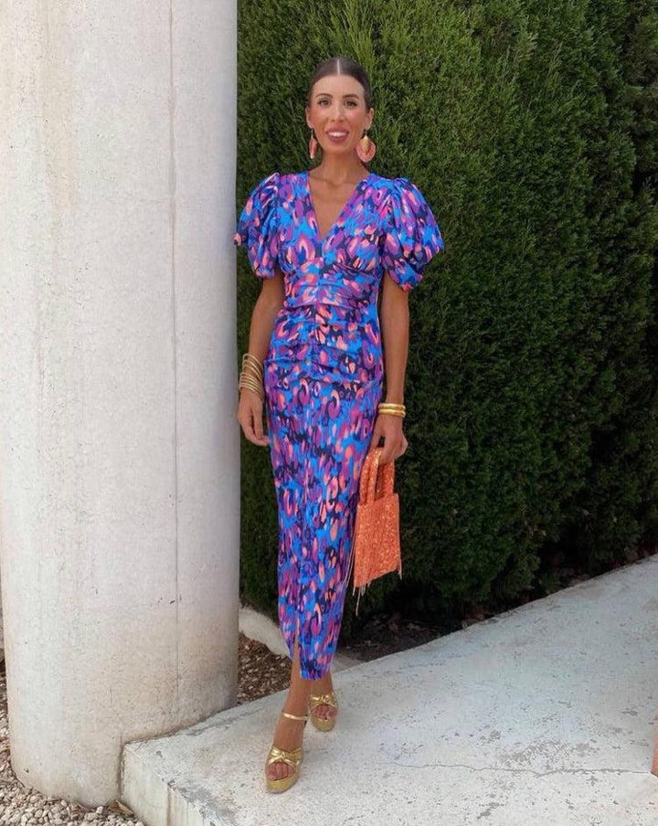 Loren | Vibrant Midi Dress with Puff Sleeves