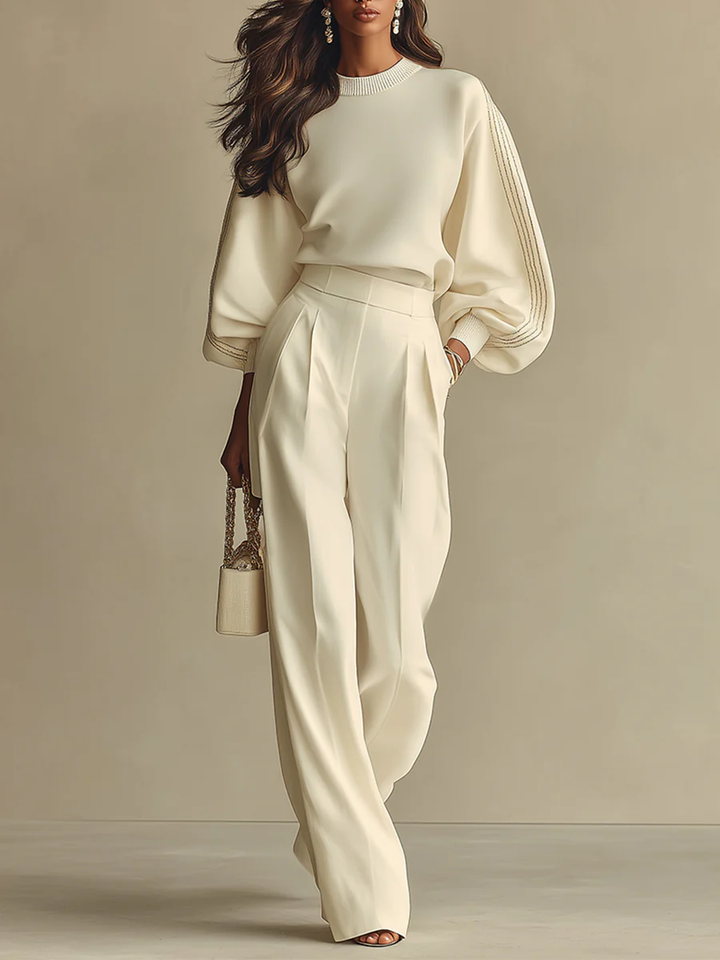 Sophie | Ribbed Crew Neck Top and High-waisted Wide-leg Pants Suit