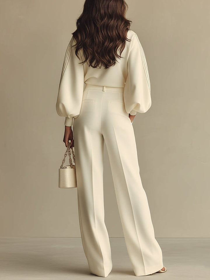 Sophie | Ribbed Crew Neck Top and High-waisted Wide-leg Pants Suit