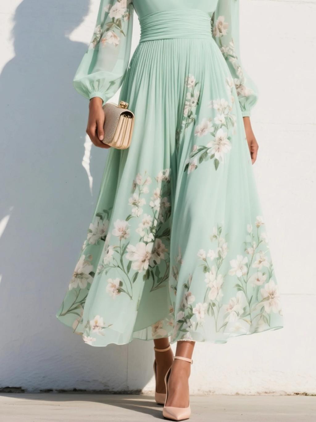 Emma | Mint Green Floral Pleated Maxi Dress
