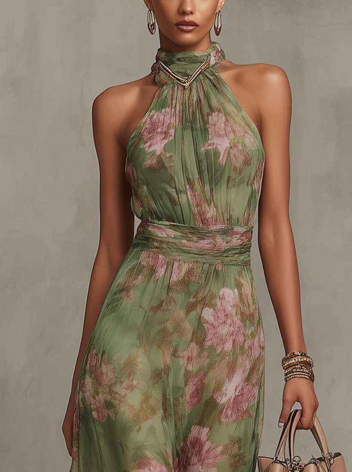 Ruth | Green Floral Halter Chiffon Maxi Dress