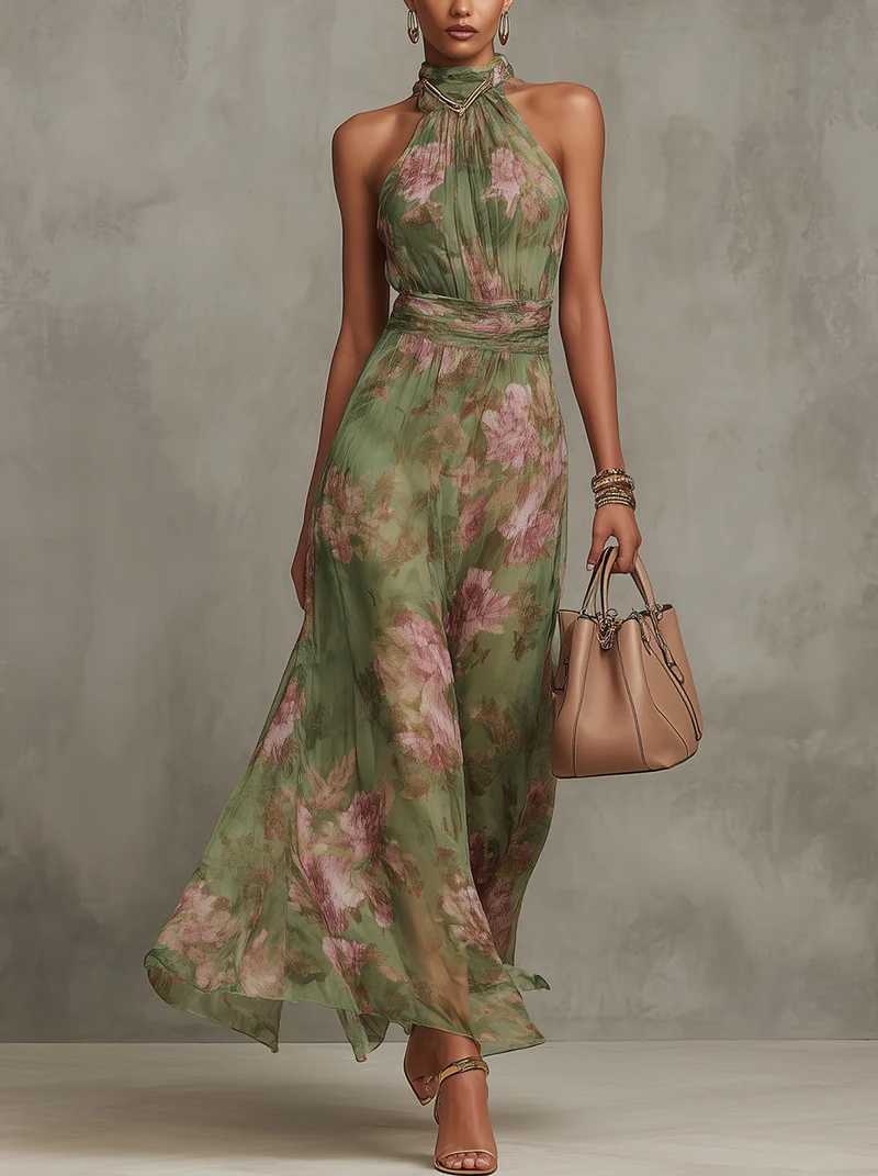 Serena | Long Green Floral Chiffon Dress with Halter Neck