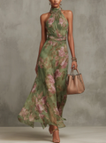 Serena | Long Green Floral Chiffon Dress with Halter Neck