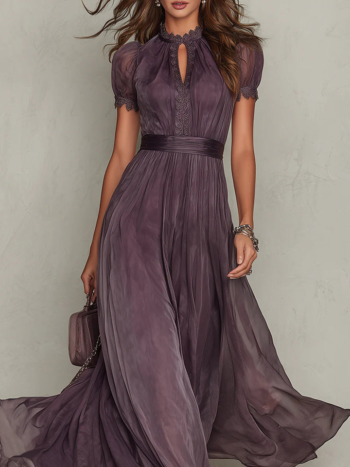 Flavia | Long Purple Dress with Keyhole Neckline and Chiffon Lace Trim