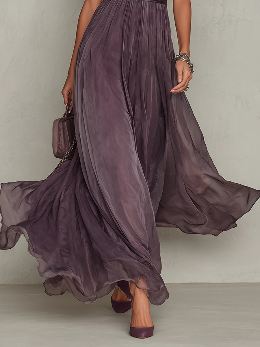 Flavia | Long Purple Dress with Keyhole Neckline and Chiffon Lace Trim