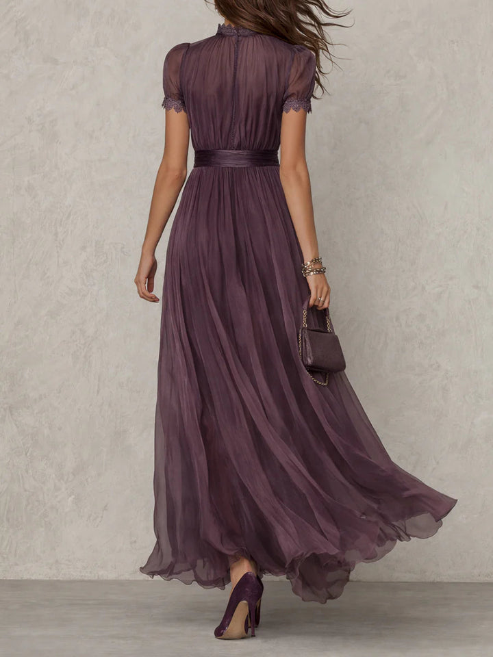 Flavia | Long Purple Dress with Keyhole Neckline and Chiffon Lace Trim