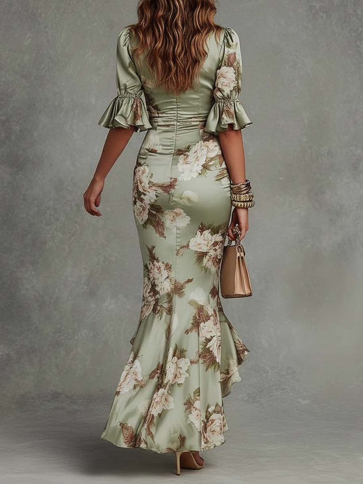 Anna | Green Satin Asymmetrical Floral Dress