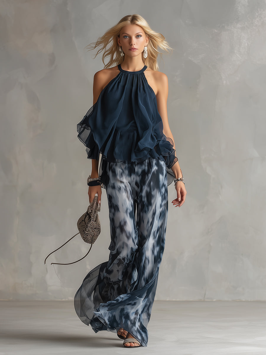 Ludovica | Navy Halter Printed Wide-Leg Set