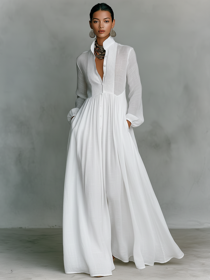 Sienna | Patchwork Linen Maxi Dress Stand Collar