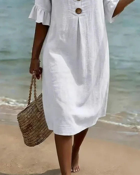 Victoria | Linen-Texture Puff Sleeve Button Dress