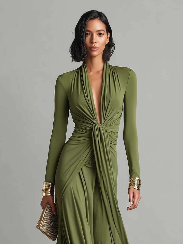 Olive | Silk Maxi Dress V-Neck