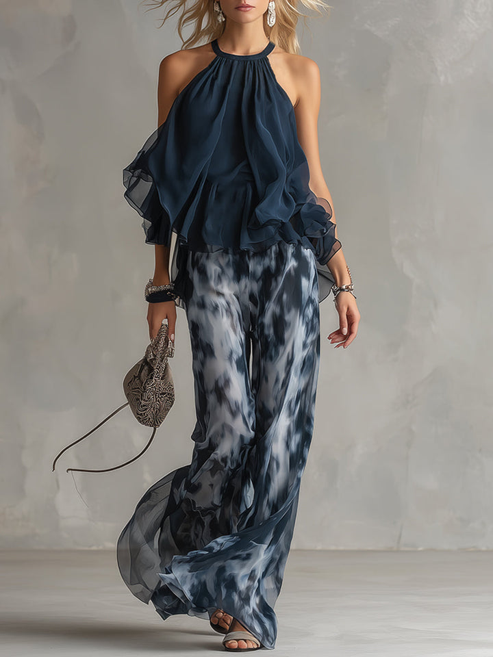 Ludovica | Navy Halter Printed Wide-Leg Set
