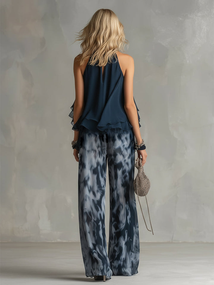 Ludovica | Navy Halter Printed Wide-Leg Set