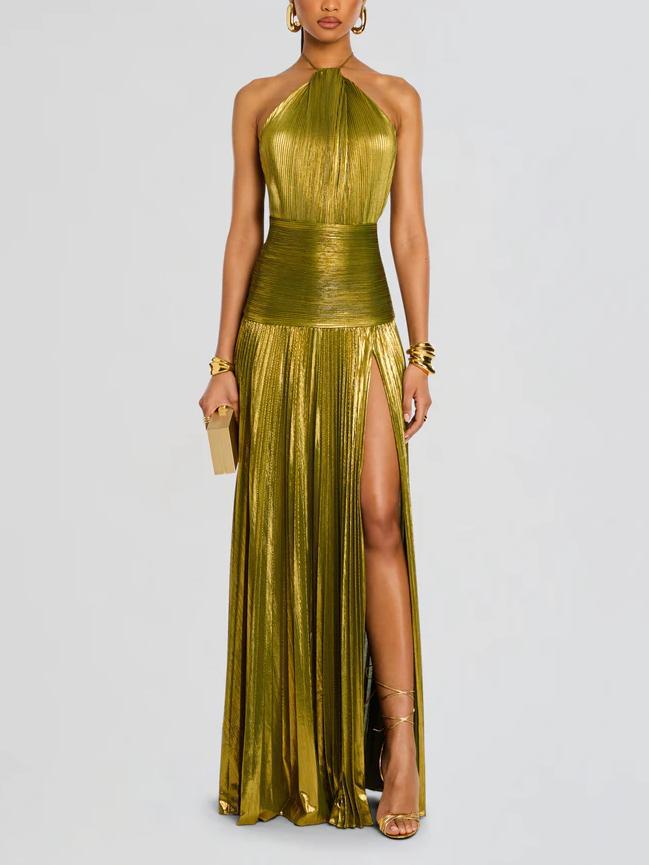 Katie | Trendy Metallic Plissé Halter Gown