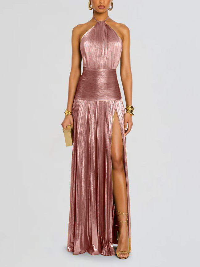 Katie | Trendy Metallic Plissé Halter Gown